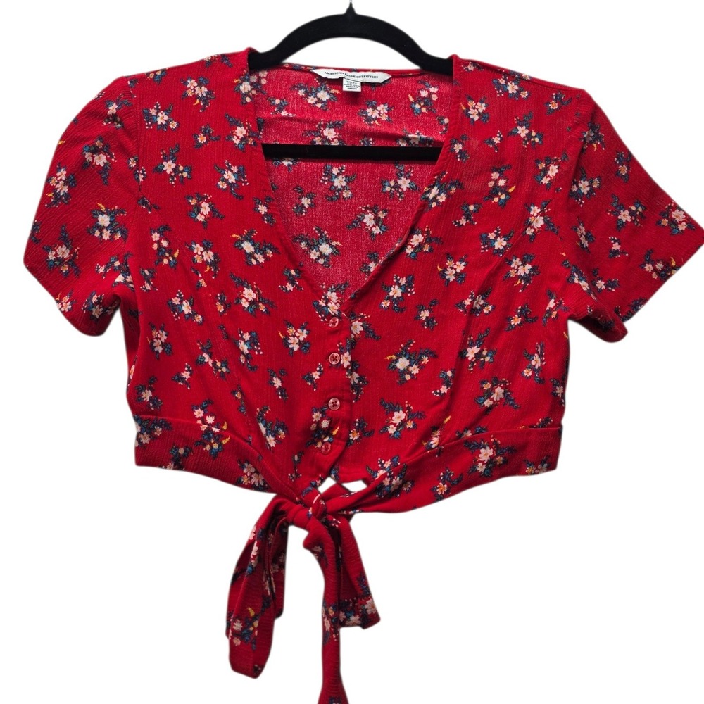 American Eagle Red Floral Button Tie‎ Front Crop Top Blouse XS